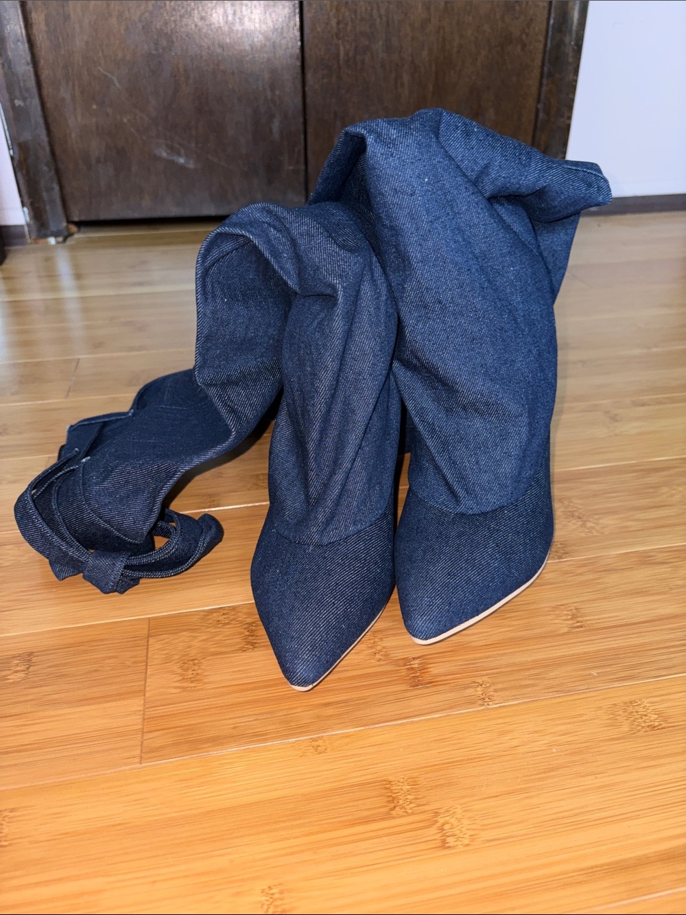 Denim Pointed-Toe Slouch Boots - Dark Blue